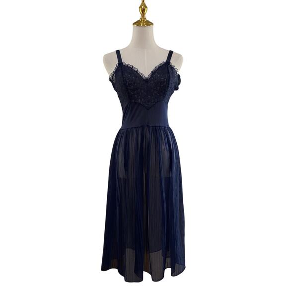 Vintage 50s Navy Lace & Nylon Chiffon Crystal Pleated Full Slip Dress Size S - Picture 3 of 9